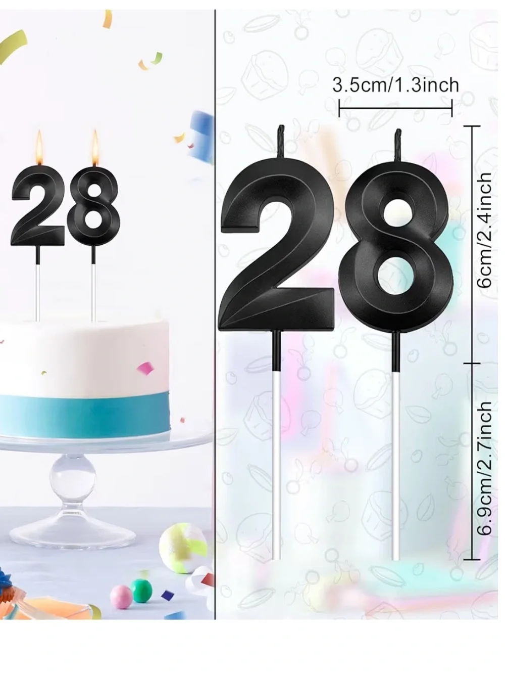 Black Number 28 Candles & Happy Birthday Cake Toppers